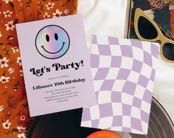Iridescent Smiley Face Birthday Invitation: Retro Party Template (Editable)