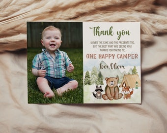 One Happy Camper Thank you Card Photo Template, Woodland Animals Thank you Card, 1st Birthday Thank you Card, Editable, Oliver