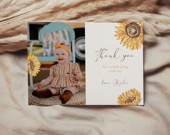 Sunflower Thank You Card Template, Sunflower First Birthday Party, Photo Thank You Card, Printable Thank You Card, DARLA