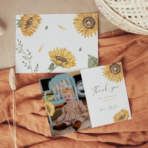Modèle de carte de remerciement tournesol, première fête d'anniversaire tournesol, carte de remerciement photo, carte de remerciement imprimable, DARLA