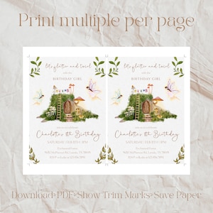 May include: A printable invitation for a child's 8th birthday party. The invitation features a whimsical illustration of a fairy house in a forest setting with a fairy flying above. The text on the invitation reads "Let's flutter and twirl with the birthday girl. Charlotte's 8th Birthday. Saturday, Feb 11th | 1PM. Enchanted Forest. 9652 McPherson Rd, Laredo, TX 78045. RSVP to Lydia at 123.456.7890."