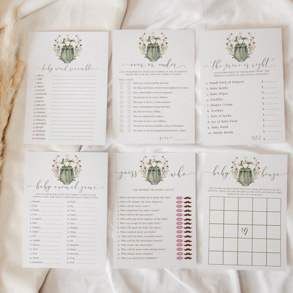 Bundel met wilde bloemen babyshowergames: boho-kledingontwerp (afdrukbaar) Serenity