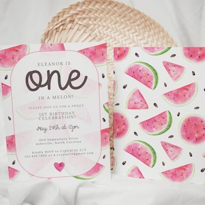 Watermelon Birthday Invitation Template, One in a Melon Birthday Invite, Girl Birthday Party, Editable Template