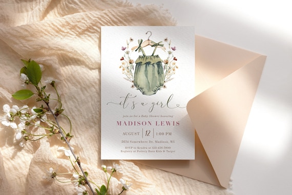 Boho Baby Clothes Baby Shower Invitation Template: Wildflower Baby Shower Invite (Editable Digital Download) Serenity