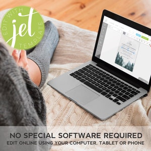 May include: A laptop computer with a screen showing a wedding invitation template being edited online. The text on the invitation reads "You're Invited to a Wedding" with a forest background. The text on the laptop screen says "Edit with Jet Template".