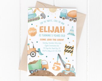 Construction Birthday Invitation Template: Orange and Blue Birthday Invite (Editable Download)