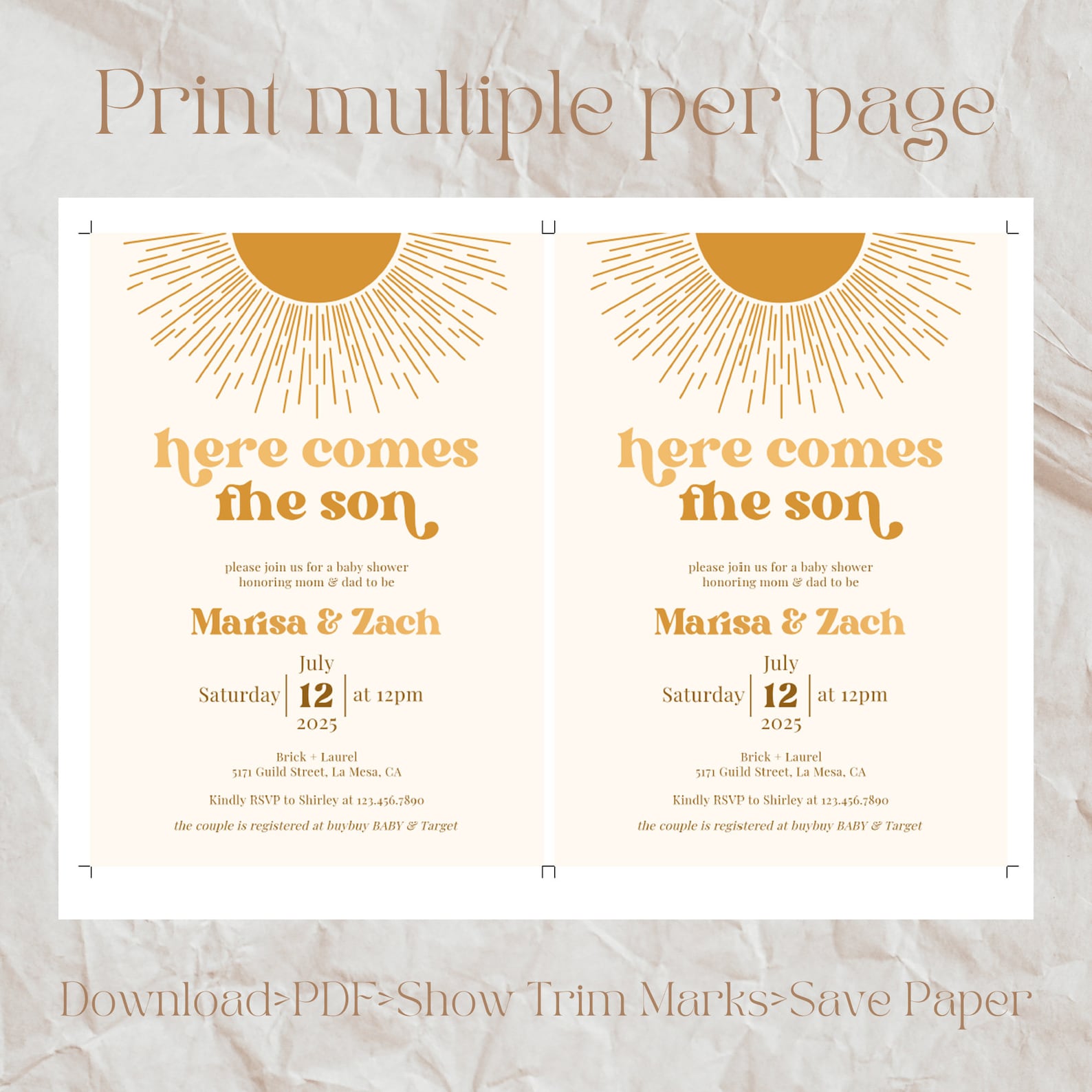 Retro Sun Baby Shower Invitation Set Here Comes the Son Etsy