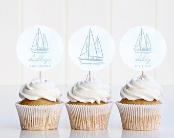 Editable Nautical Baby Shower Cupcake Topper Template, Sailboat Toppers, Coastal Baby Shower, Ahoy Its a Boy, Round Label, Printable, ZEPHYR