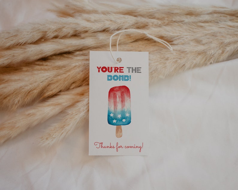 Bomb Pop Favor Tag Vorlage, Rot, weiß und zwei Geburtstag, Vaterländischer Geschenkanhänger, 4. Juli Party, bearbeitbare Vorlage, Freiheit Bild 1