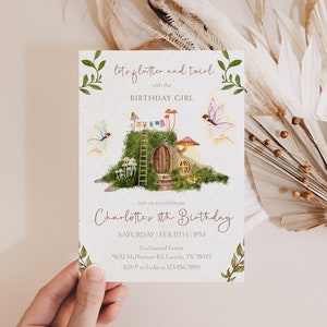 May include: A whimsical birthday invitation with a watercolor illustration of a fairy house with a ladder, mushrooms, and fairies. The text reads "Let's flutter and twirl with the birthday girl. Join us to celebrate Charlotte's 8th Birthday. Saturday, Feb 11th, 1PM. Enchanted Forest, 9652 McPherson Rd, Laredo, TX 78045. RSVP to Lydia at 123-456-7890."