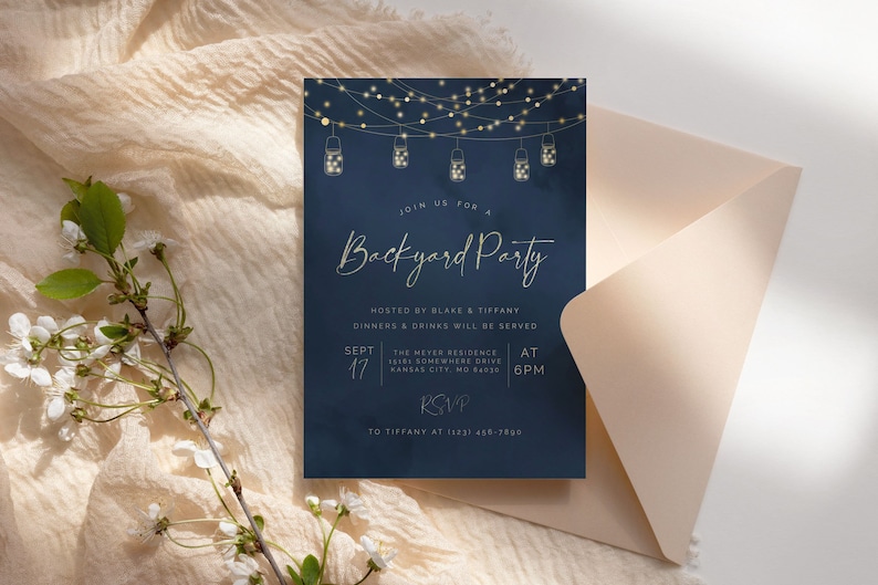 Backyard Party Invitation Evite Template, Dinner Party Invite, Blue and Gold String Lights Invitation, Instant Download image 1