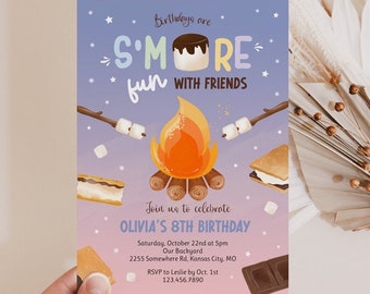 Smore's Birthday Invitation Template for Bonfire Birthday Party, Backyard Camping Birthday Invite, S'more Fun Together, Editable Template