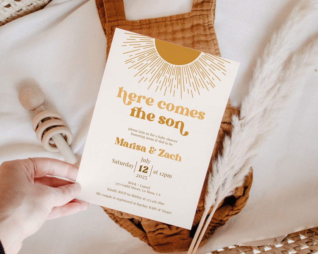 Here Comes the Son Baby Shower Invite Template, Retro Sun Baby Shower