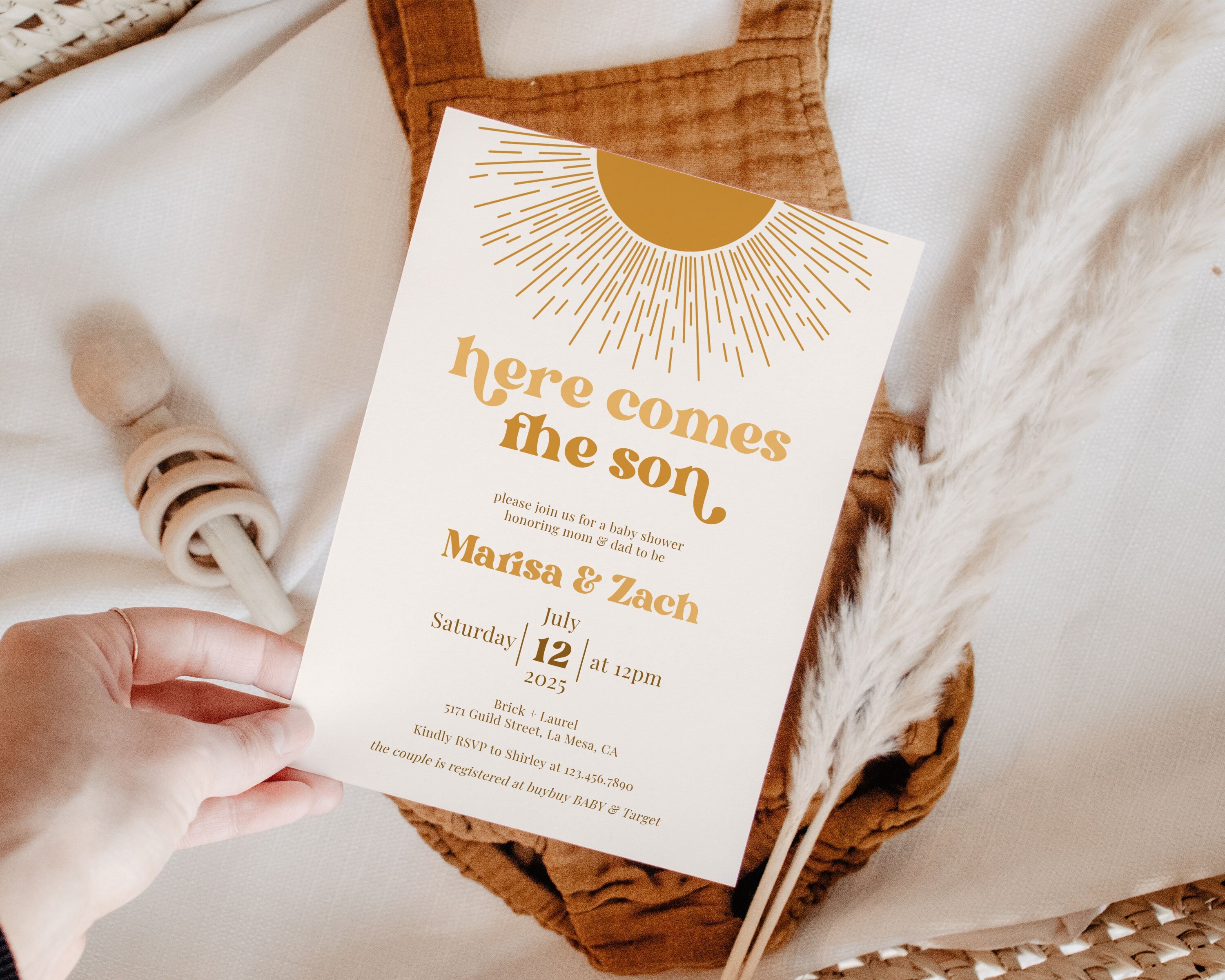 Here Comes the Son Baby Shower Invite Template Retro Sun Baby Shower Invitation Boho Sun Invite Editable Printable SUNNY