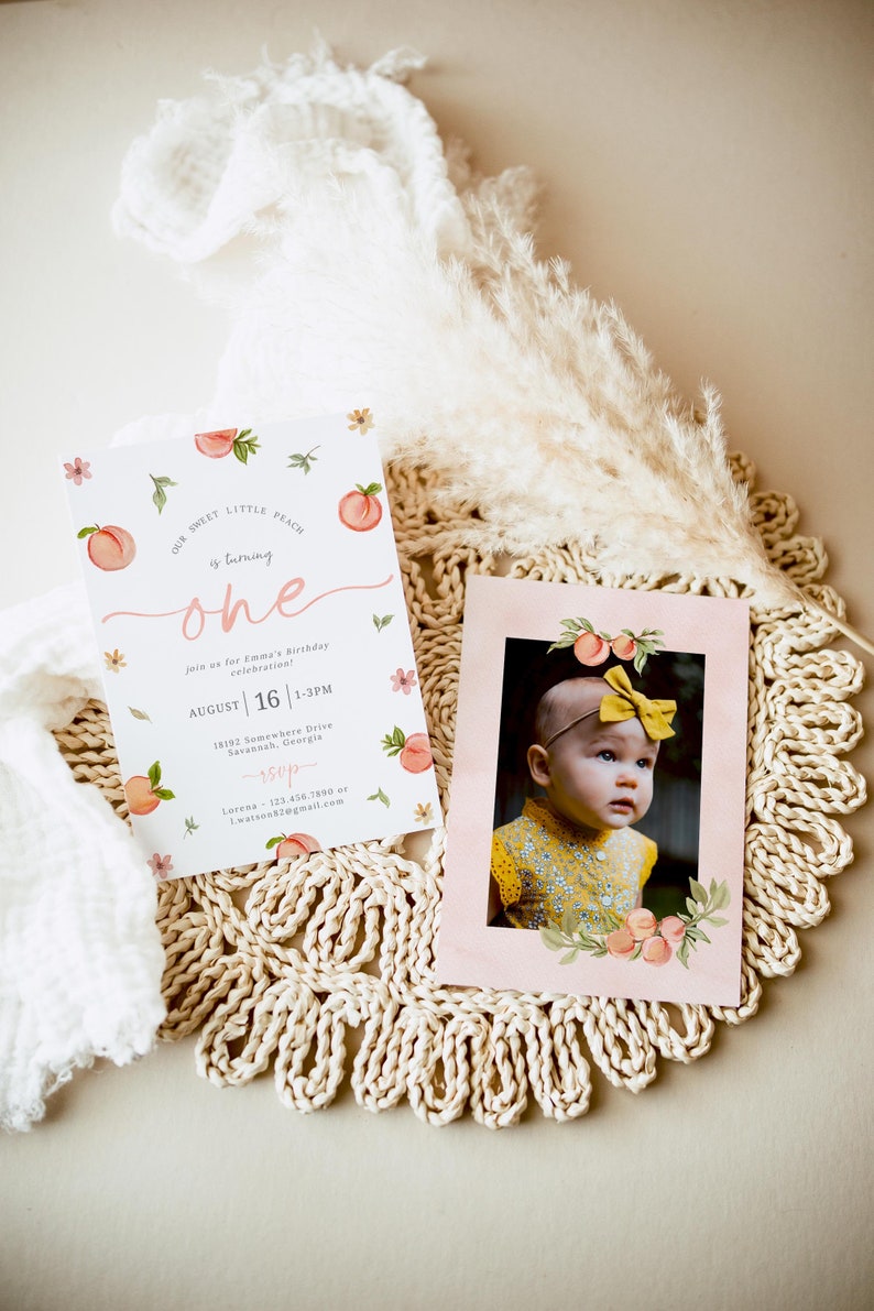 May include: Peach-themed first birthday party invitation with a pink background and peach illustrations. The invitation includes the text "Our Sweet Little Peach is turning one" and details about the party, including the date, time, and location. A photo of a baby girl is included in a separate frame.