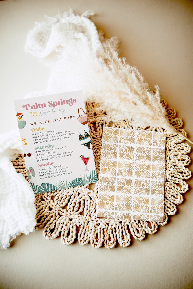 May include: A pink and white card with the text "Palm Springs Before the Rings Weekend Itinerary" and a list of activities for a weekend trip to Palm Springs, California. The card is decorated with tropical illustrations.