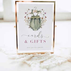 Plantilla de signo personalizado de ducha de ropa de bebé Boho, signo de tarjetas y regalos, signo de favores, baby shower verde salvia, signo imprimible, serenidad