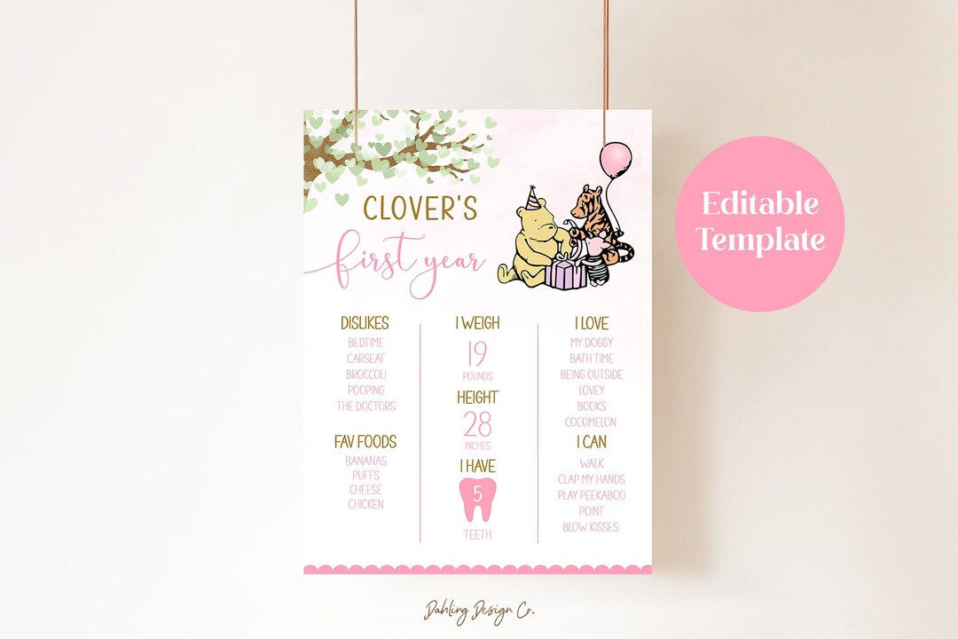 Pink Winnie the Pooh First Birthday Milestone Sign (digital Download ...