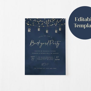 Backyard Party Invitation Evite Template, Dinner Party Invite, Blue and Gold String Lights Invitation, Instant Download image 3