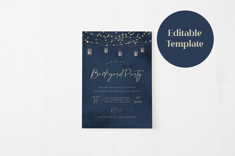 Backyard Party Invitation Evite Template, Dinner Party Invite, Blue and Gold String Lights Invitation, Instant Download image 3