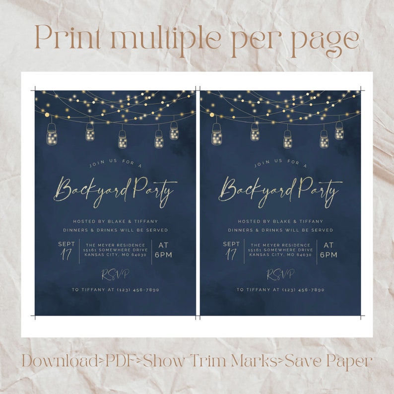 Backyard Party Invitation Evite Template, Dinner Party Invite, Blue and Gold String Lights Invitation, Instant Download image 7