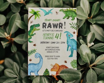 May include: A dinosaur-themed birthday party invitation with a green, blue, and orange watercolor illustration of dinosaurs. The text reads "Stomp! Chomp! Rawr! Let's party like a dinosaur. Henry is turning 4! Saturday | June 28 | 2PM. Henry's Backyard 1819 Someplace Road Kansas City, MO. Kindly RSVP to Laura (123) 456-7890."