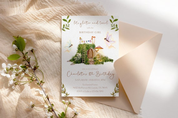 Fairy Birthday Invitation Template: Watercolor Mushroom House (Digital Download)