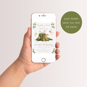 May include: A digital invitation for a child's birthday party. The invitation features a whimsical illustration of a fairy house with a green door, surrounded by flowers and butterflies. The text on the invitation reads "the glitter and toid birthday girl" and "Charlotes 6th Birthday".