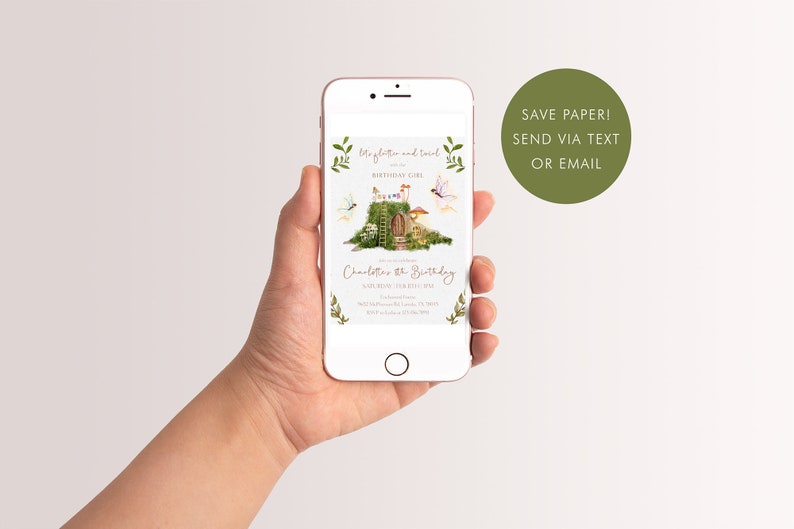 May include: A digital invitation for a child's birthday party. The invitation features a whimsical illustration of a fairy house with a green door, surrounded by flowers and butterflies. The text on the invitation reads "the glitter and toid birthday girl" and "Charlotes 6th Birthday".