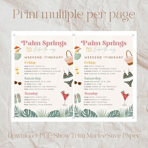 May include: A printable itinerary for a weekend trip to Palm Springs, California. The itinerary includes activities for Friday, Saturday, and Sunday, such as pool time, dining, and shopping. The design features a tropical theme with palm trees, coconuts, and a pink flamingo.