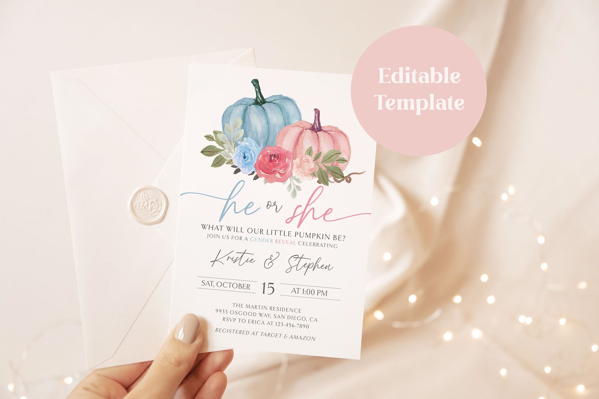 Pumpkin Gender Reveal Party Invitation Template Fall Gender Reveal Invite Boy or Girl What will our Little Pumpkin be ELLA