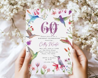 Hummingbird Birthday Invitation Template, 60th Birthday Invite, Any Age, Bird Invitation, Mobile Evite