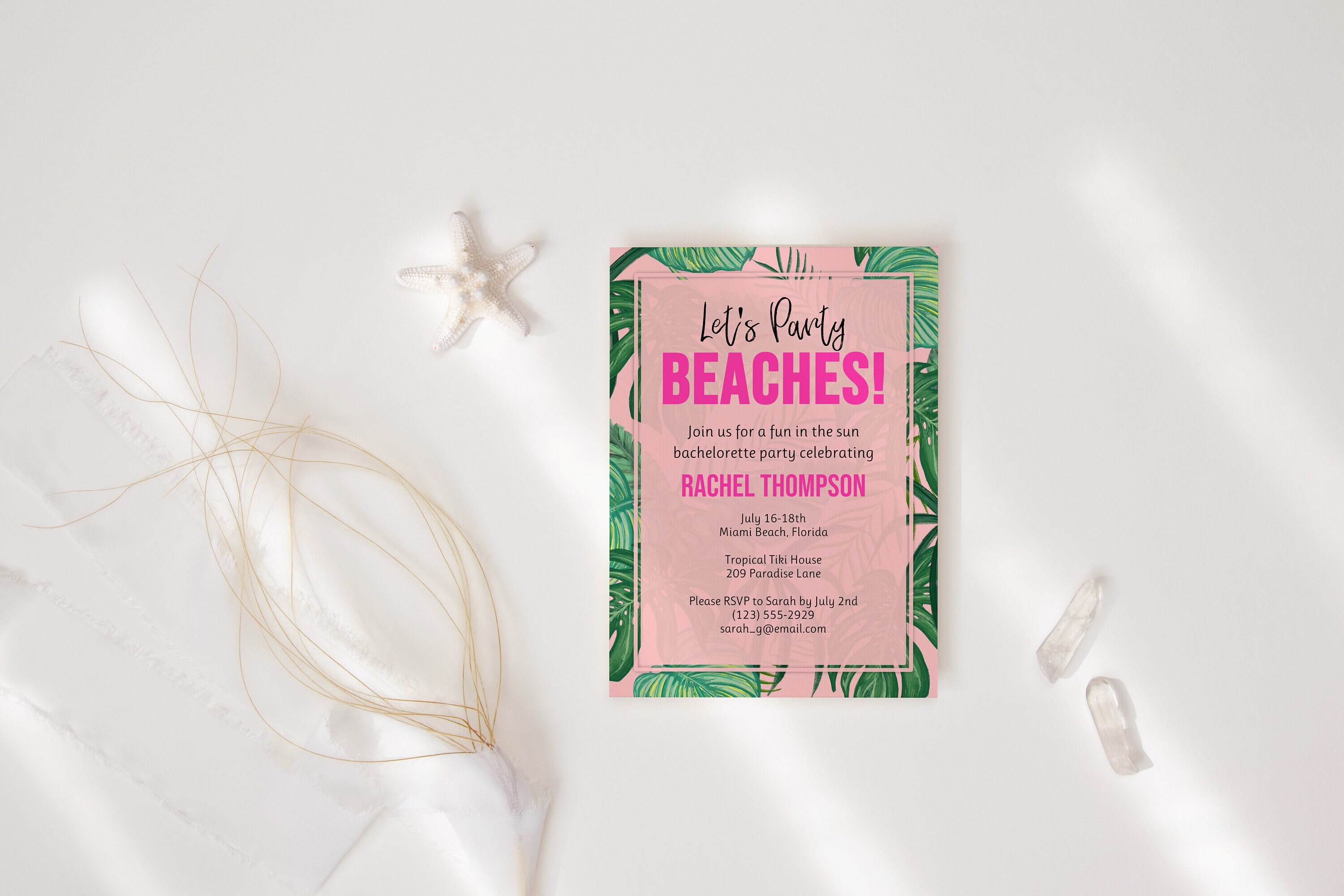 Tropical Bachelorette Party Invitation Template Lets Party Beaches Pink and Green Palm Leaves Editable Bach Party Invite