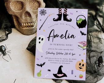 Witch Birthday Invitation: Spooky Halloween Party (Editable Digital Template)