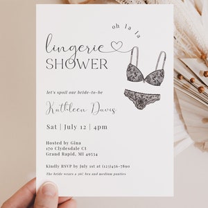 Modèle d'invitation de douche de lingerie, invitation de douche nuptiale, carte d'information de lingerie de mariée, enterrement de vie de jeune fille, modèle modifiable