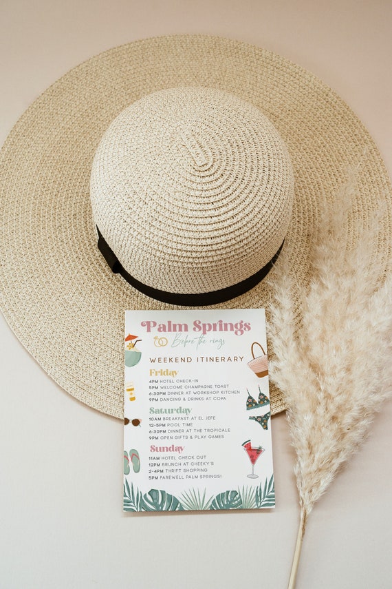 Palm Springs Bachelorette Itinerary Template with Weekend Schedule, Boho Tropical Bach Itinerary, Palm Springs Before The Rings, Editable