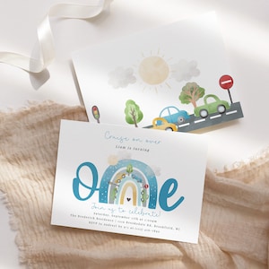 Car First Birthday Invitation Template, Transportation Invite, Boy 1st Birthday Party Invitation, Editable Template