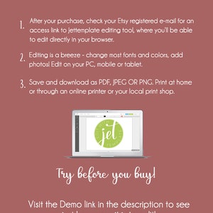 May include: How to edit a printable template.  A laptop screen shows a mockup of a green circle with the text "Edit with Jet Template".  The text "Try before you buy!" is written in green cursive.  Visit the Demo link in the description to see just how easy it is to edit!