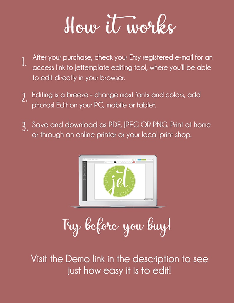 May include: How to edit a printable template.  A laptop screen shows a mockup of a green circle with the text "Edit with Jet Template".  The text "Try before you buy!" is written in green cursive.  Visit the Demo link in the description to see just how easy it is to edit!