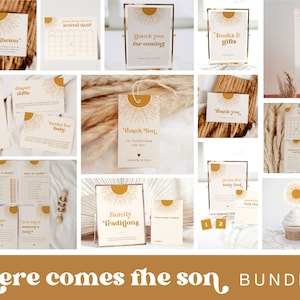 Here Comes The Son Baby Shower Bundle, Retro Sun Big Bundle, Here Comes The Son Invitation Set, Boho Sun Shower, Editable Templates, SUNNY