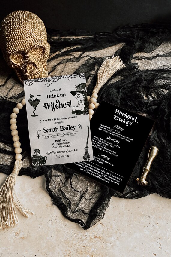 Witch Bachelorette Party Invitation and Itinerary Template, Halloween Bach Party, Drink up Witches, EDITABLE
