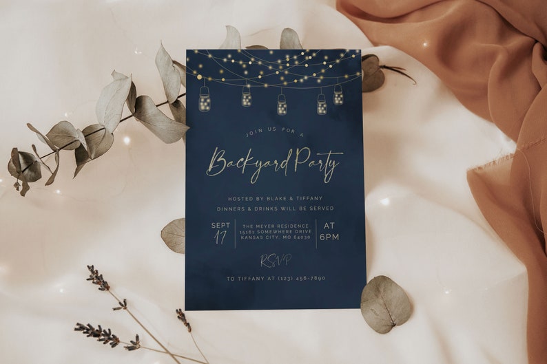 Backyard Party Invitation Evite Template, Dinner Party Invite, Blue and Gold String Lights Invitation, Instant Download image 6