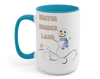Winter Wonderland Mug, Cute Snowman Mug, Christmas Mug, Bunny Christmas Mug, Whiter Rabbit Mug, Gift for Mom, Gift for Grandma, 15oz Mug