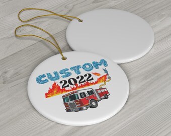 Firetruck Custom Christmas Ornament, Fireman Ornament, Ceramic Ornament, Snowflake Ornament, Circle Ornament, Custom Year 2022 Ornament