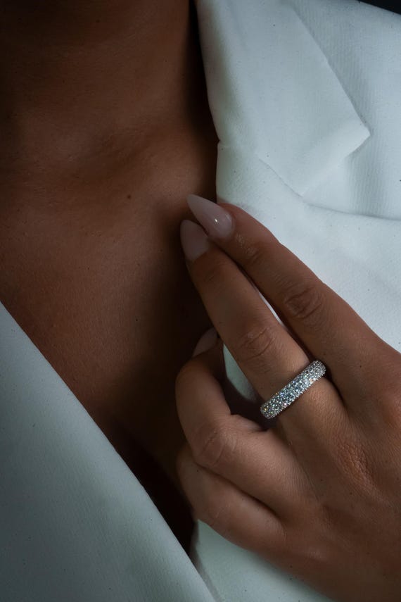Silver Pave Ring, Gold Plated Sparkling Ring, Rhinestone Pave Band Ring, Elegant Statement Ring, Luxury Gift for Her