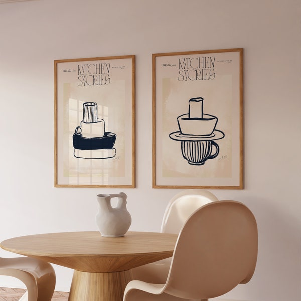 2er Set Prints | Kaffee Kunst | Wandkunst gerahmt | Küche Drucke | Skandinavisches Wanddekor | One Line Art | Stillleben | Boho Home Decor