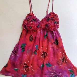 Vintage Y2K La Senza Small Hot Pink Red Floral Sheer Babydoll Chemise Sexy Lingerie Nightwear Sleepwear Negligee Nightie See Through Ruffled