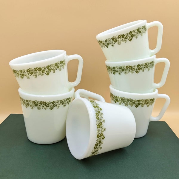 Lot de 4 tasses en verre de lait vintage des années 1970 en pyrex Spring Blossom vert Crazy Daisy 1410