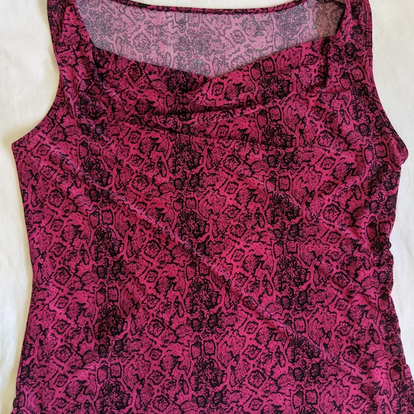 Vintage Y2K XL XXL Hot Pink Black Snakeskin Print Cowl Neck Tank Top Animal Print Slinky Bodycon Fitted