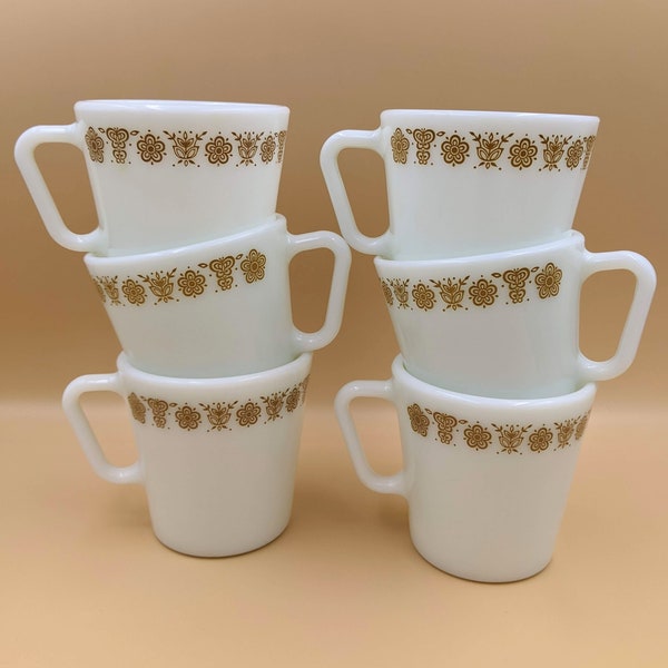 Set of 2 Vintage 1970s Pyrex Gold Butterfly Milk Glass Mugs 1410